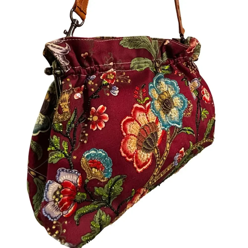 Isabella Fiore beaded Shoulder bag purse multicolor floral & tan leather trim